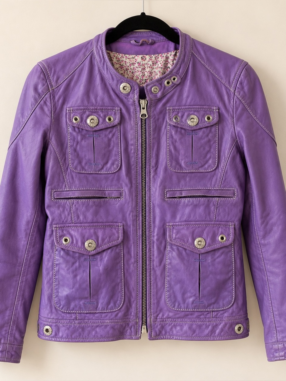 Saga Ibáñez Purple Leather Utility Jacket Floral Lining EU 44